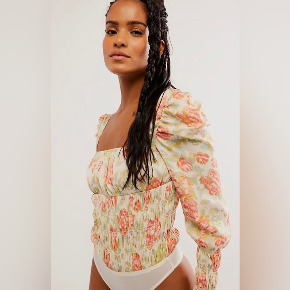 Free People Intimately Smock It To You Bodysuit size Medium Floral Ivory Smocked - Picture 2 of 15